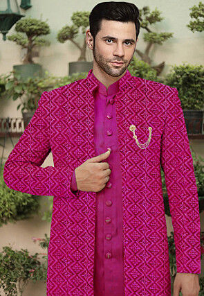 Embroidered Cotton Silk Sherwani in Magenta