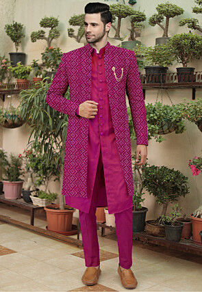 Embroidered Cotton Silk Sherwani in Magenta
