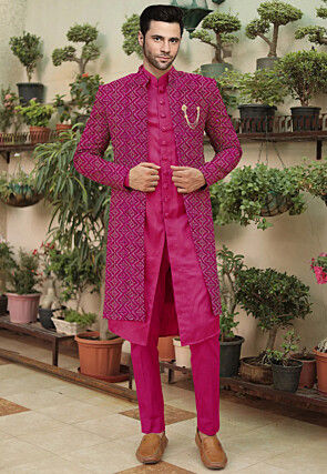 Embroidered Cotton Silk Sherwani in Magenta