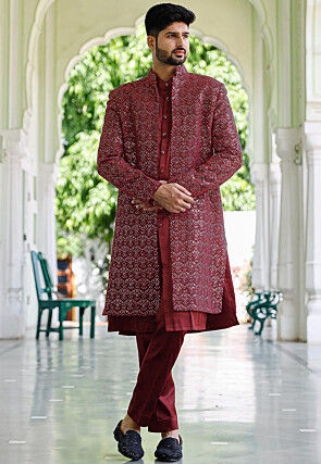 Embroidered Cotton Silk Sherwani in Maroon