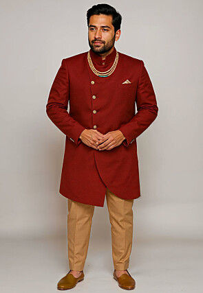 Solid Color Cotton Silk Sherwani in Maroon