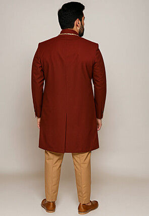 Solid Color Cotton Silk Sherwani in Maroon