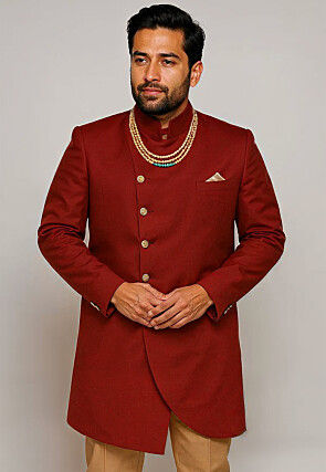 Solid Color Cotton Silk Sherwani in Maroon