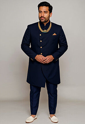 Solid Color Cotton Silk Sherwani in Navy Blue