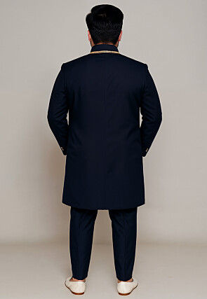 Solid Color Cotton Silk Sherwani in Navy Blue