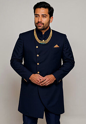 Solid Color Cotton Silk Sherwani in Navy Blue