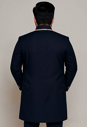 Solid Color Cotton Silk Sherwani in Navy Blue