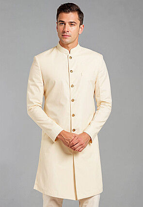 Solid Color Cotton Silk Sherwani in Off White