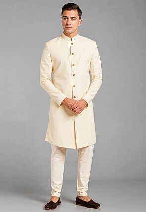 Solid Color Cotton Silk Sherwani in Off White