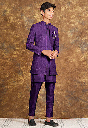Embroidered Cotton Silk Sherwani in Purple