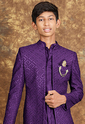 Embroidered Cotton Silk Sherwani in Purple