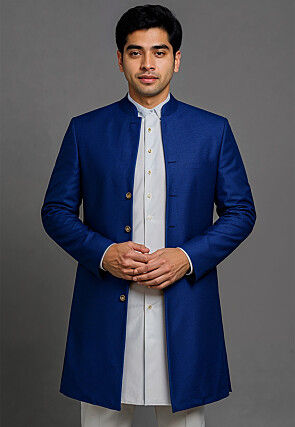 Solid Color Cotton Silk Sherwani in Royal Blue