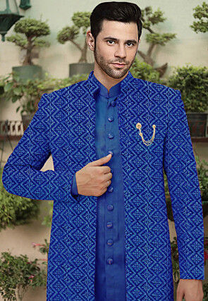 Embroidered Cotton Silk Sherwani in Blue