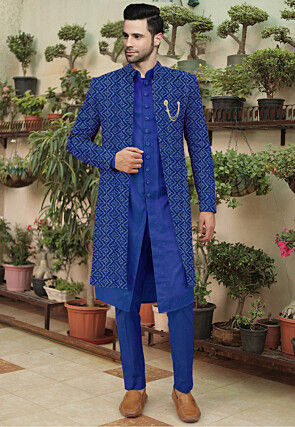 Embroidered Cotton Silk Sherwani in Blue