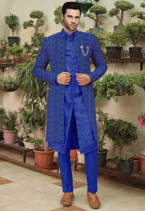 Embroidered Cotton Silk Sherwani in Blue