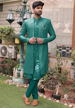 Embroidered Cotton Silk Sherwani in Teal Green