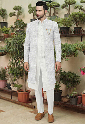 Beautiful Golden Color Wedding Wear Readymade Indo Western For Men In Silk  Fabric