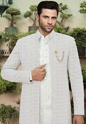 Embroidered Cotton Silk Sherwani in Off White