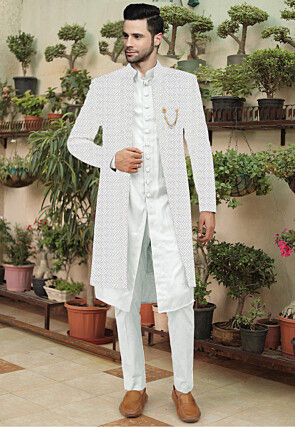 Embroidered Cotton Silk Sherwani in Off White