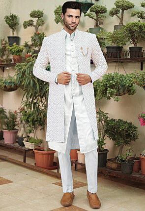 Embroidered Cotton Silk Sherwani in Off White