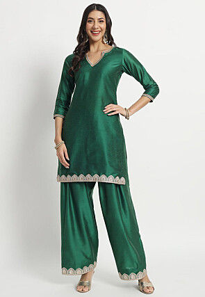 Embroidered Cotton Silk Staight Kurta Set in Dark Green
