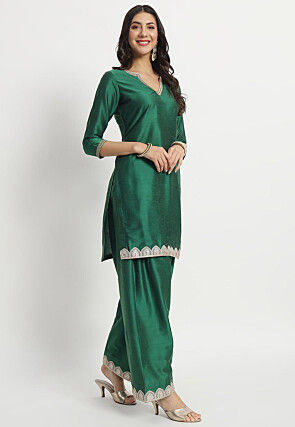 Embroidered Cotton Silk Staight Kurta Set in Dark Green