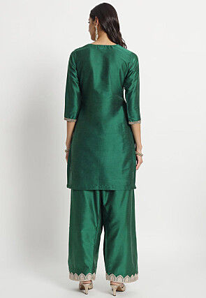 Embroidered Cotton Silk Staight Kurta Set in Dark Green