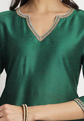 Embroidered Cotton Silk Staight Kurta Set in Dark Green