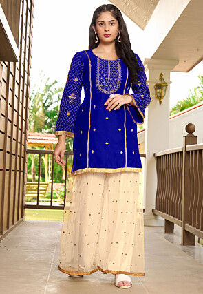 Embroidered Cotton Silk Straight Kurta in Blue
