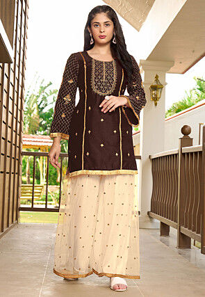 Embroidered Cotton Silk Straight Kurta in Brown