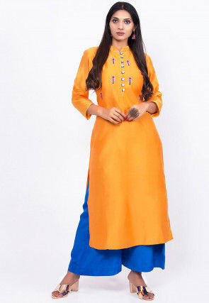 Embroidered Cotton Silk Straight Kurta in Mustard