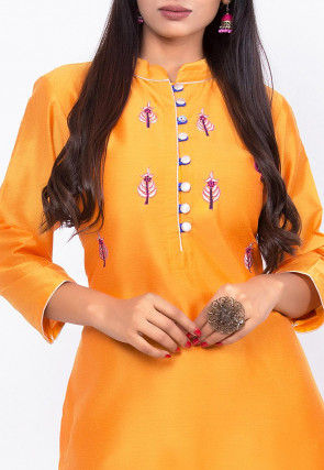 Embroidered Cotton Silk Straight Kurta in Mustard