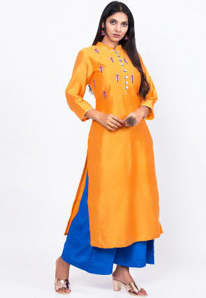 Embroidered Cotton Silk Straight Kurta in Mustard