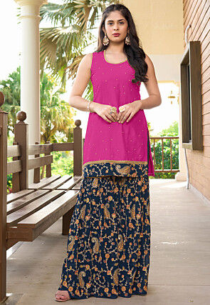 Embroidered Cotton Silk Straight Kurta in Pink