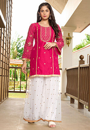 Embroidered Cotton Silk Straight Kurta in Pink