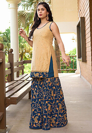 Embroidered Cotton Silk Straight Kurta Set in Beige