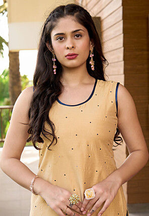 Embroidered Cotton Silk Straight Kurta Set in Beige