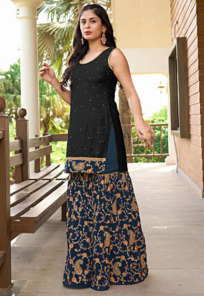 Embroidered Cotton Silk Straight Kurta Set in Black