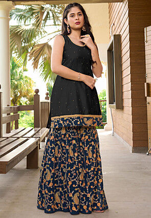 Embroidered Cotton Silk Straight Kurta Set in Black