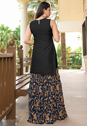 Embroidered Cotton Silk Straight Kurta Set in Black