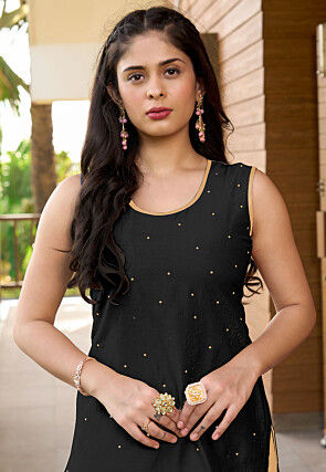 Embroidered Cotton Silk Straight Kurta Set in Black