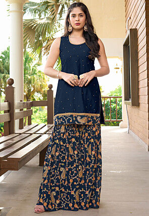 Embroidered Cotton Silk Straight Kurta Set in Blue