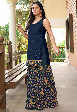 Embroidered Cotton Silk Straight Kurta Set in Blue