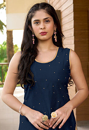 Embroidered Cotton Silk Straight Kurta Set in Blue