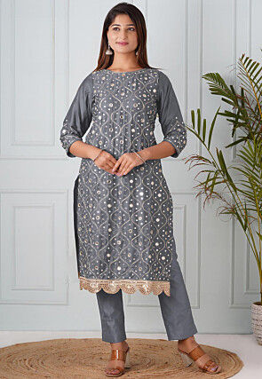 Embroidered Cotton Silk Straight Kurta Set in Grey