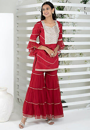 Embroidered Cotton Silk Straight Kurta Set in Maroon