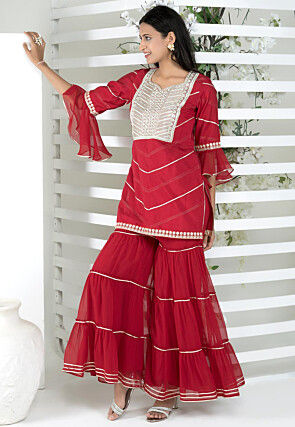 Embroidered Cotton Silk Straight Kurta Set in Maroon