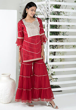 Embroidered Cotton Silk Straight Kurta Set in Maroon