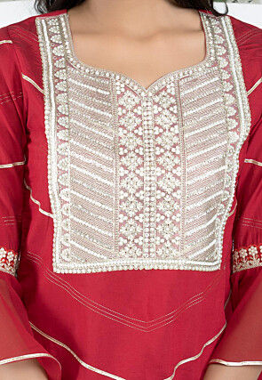 Embroidered Cotton Silk Straight Kurta Set in Maroon