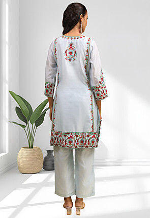 Embroidered Cotton Silk Straight Kurta Set in Pastel Blue